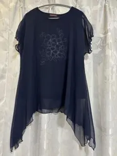 ネイビー 花柄刺繍 フリル袖 チュニック