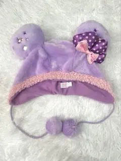 紫色 耳付き帽子 ポンポン付き