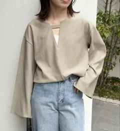 セレクトモカ キーネックリップルワイドスリーブトップス 長袖 ベージュ