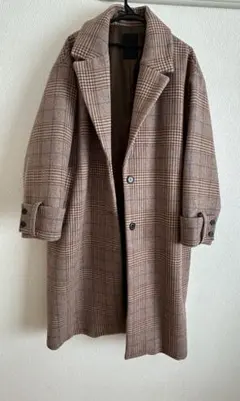 JEANASIS ウールチェスターロングコート ブラウン チェック柄