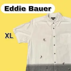 希少デザイン エディーバウアー 総柄刺繍 白シャツ XL スポーツ柄 遊び心