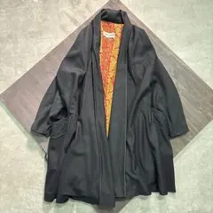 7AS6 フランス製　ロングウールコート　ペイズリー柄　黒　アンティーク調　古着