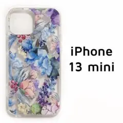 iPhone 13mini ケース クリア 青 花 透明 カバー