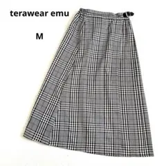 テラウェア エミュ チェック柄ロングスカート プリーツ入り　ベルト付き　M