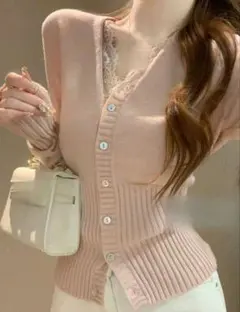 sheinピンク Vネック ニットカーディガン