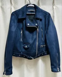 ZARA BASIC スエード調 ライダースジャケット ネイビー Ｌサイズのサムネイル
