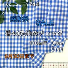 NO,744 110㎝幅 3.0m 綿40先染めチェック　ギンガム　ブルー