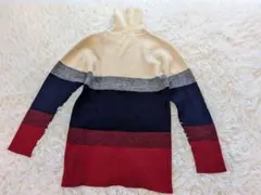 配色◎ カラーブロックタートルネックニットセーターベージュ×ネイビー×赤 L相当