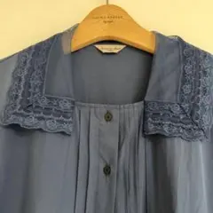 ♥︎Samans Mos2♡チュール襟ロング半袖ワンピース♡美品♡ブルー♡ゆったり