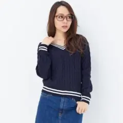 【美品】INGNI 長袖ケーブルニット セーター ネイビー M アクリル