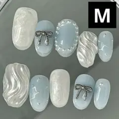 Shein ネイルチップ 水色 シルバー Mサイズ リボン 楕円形