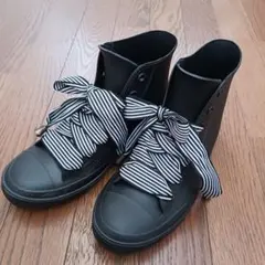 レインブーツ　長靴　黒　縦縞　リボン