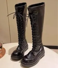 Auntie Rosa レースアップ ロングブーツ ブラック 厚底 美脚