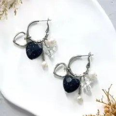 フープピアス　ステンレス　ハート♡天然石ブルーサンド　クリアクォーツ　淡水パール