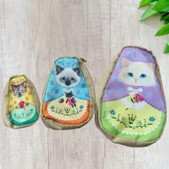 猫リョーシカ　ポーチ3点セット　お花の一族　フェリシモ猫部のサムネイル