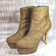 12cmヒールブラウンカーキ スエード風 ジッパーブーティ