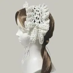 ハンドメイド　ヘッドドレス　フリル　バブーシュカ　リボン　ホワイト　白