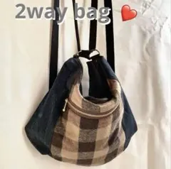 ビンテージデニムリメイク くたっと可愛い 2wayバッグ❤️（ブラウンチェック）