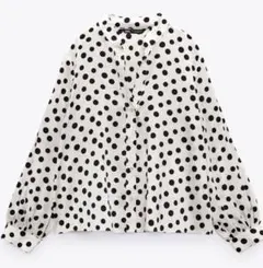 ZARA ノーカラードットブラウス　白黒　L
