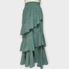 新品 3段フリルフレアスカート S ロング ティアード グリーン 小柄