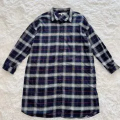 グローバルワーク チェック柄　ロングシャツ ワンピース 紺 赤 綿100% M
