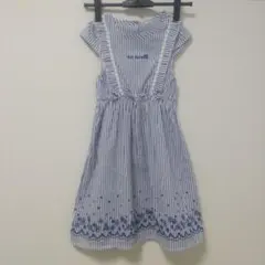 キッズワンピース ストライプ フレンチスリーブ 花刺繍 リボン 後ろボタン
