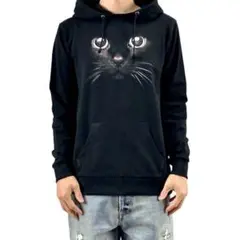 新品 黒猫 クロネコ ねこ かわいい 動物 アニマル プリント パーカー