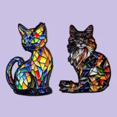 カラフルな猫のブローチ　ステンドガラス風　2個セット