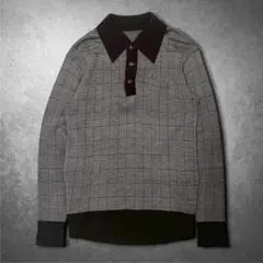 長袖ニットポロシャツ チェック グレー M オフィスカジュアル