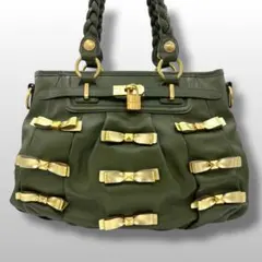 SamanthaThavasa ハンドバッグ　レザー　ゴールド　リボン　グリーン