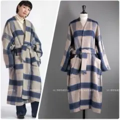 【Honnete】定価6.9万　ドルマンガウンコート　チェック　モヘア　シャギーのサムネイル