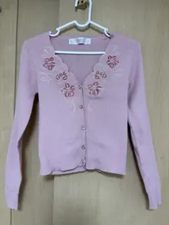 【tocco closet】フラワー刺繍入り リブニットカーディガン ピンク