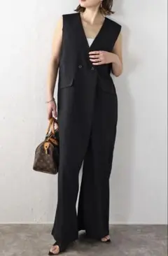 ボンジュールサガン　フロント釦リネンライクオールインワン　フォーマル　ブラック