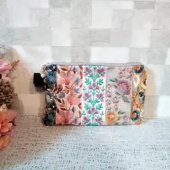 インド刺繍リボンポーチ　フラットポーチ　小物入れ　コスメポーチ　メイクポーチ