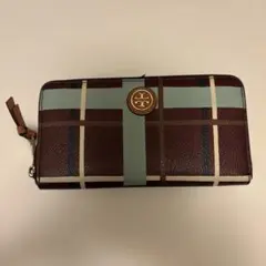 トリーバーチ チェック柄 長財布 ボルドーブラウン 水色 チェック柄
