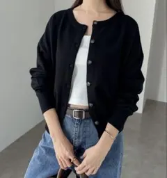 and me クルーネック長袖カーディガン　ブラック