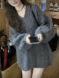 tonlion レディースカジュアル　Vネック　ミドル丈プルオーバーセーター