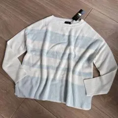 イネドINED★ホワイト×ライトブルーボーダーゆったりニット13号