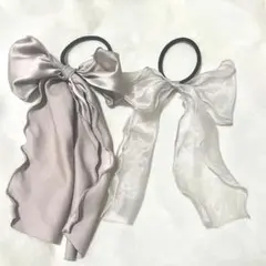 リボンヘアゴム　２個セット　ベージュ　シフォン