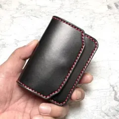 【総手縫い】本革 ミニ財布 栃木レザー 背面パスケース付 コンパクト財布 黒