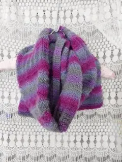 紫とグレーのニットマフラー ハンドメイド