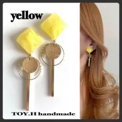 イエロースクエア　ゴールドスティック　ハンドメイドピアス　イヤリング70