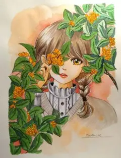 手描きイラストA4　コピック・水彩画『金木犀』