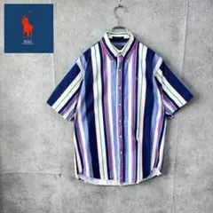 90s ポロラルフローレン マルチストライプ 半袖シャツ XL 刺繍ロゴ 紺