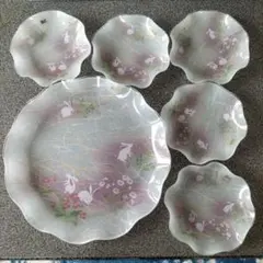 花柄ウサギ模様 硝子食器セット 6点