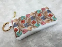 キーケース　コインケース　インド刺繍リボン×合皮　マルチポーチ