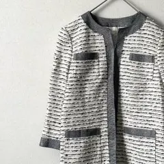 自由区 ノーカラージャケット 七分袖 ツイード素材 ポケット付き きれいめのサムネイル