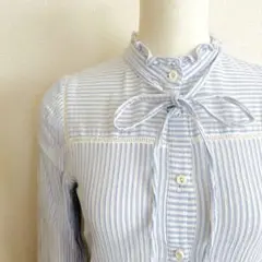 ヨーロッパ古着 リボン付き ブラウス ストライプ
