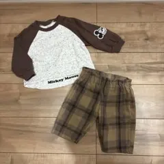 しまむら ディズニーコラボ ミッキーロンT ブラウンチェック柄パンツ 90cm
