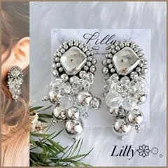 #655大ぶり/シルバー/ゴージャス/ビーズ/ハンドメイドピアス♢イヤリング